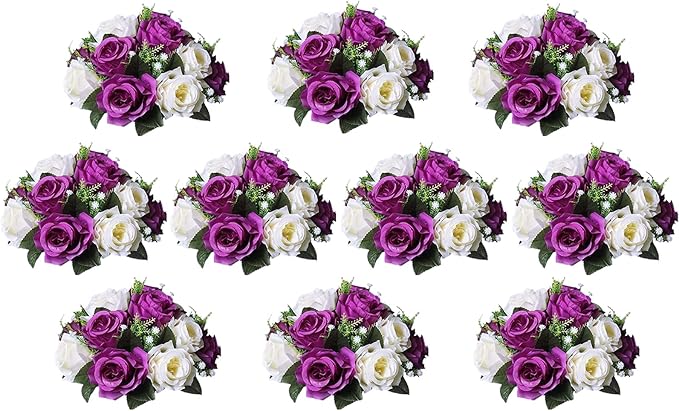 Multiple bouquets of purple and white flowers arranged in a grid on a white background.