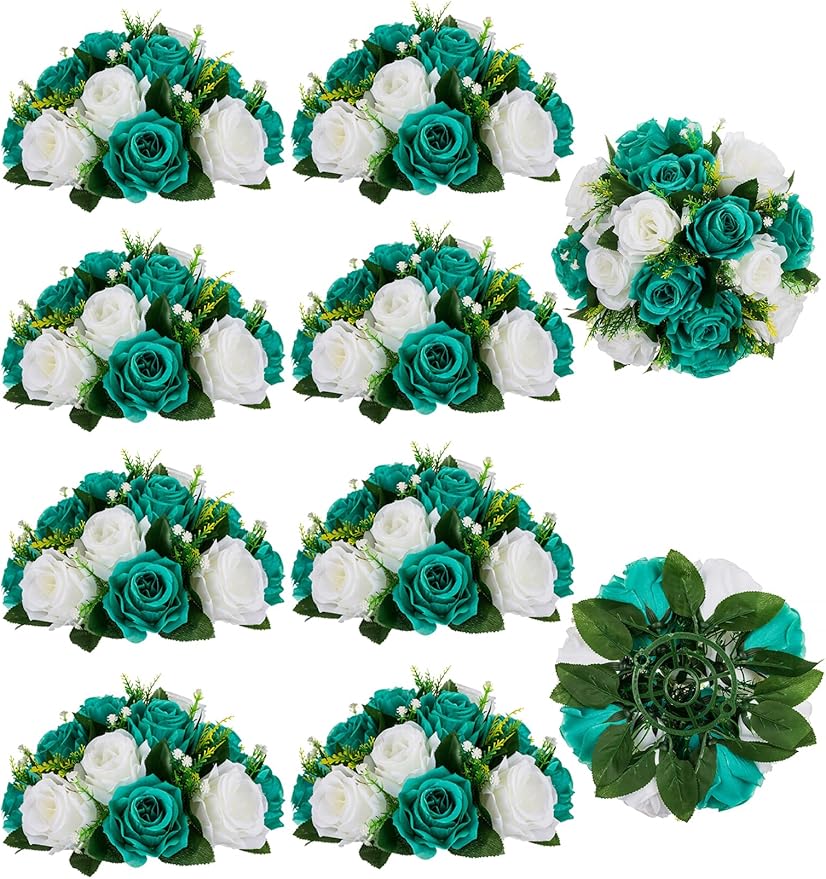 Set of teal and white floral bouquets on a white background