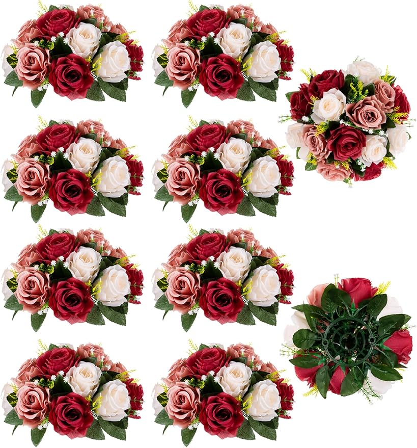 Grid of red, white, and pink rose bouquets with a central green flower arrangement on a white background.