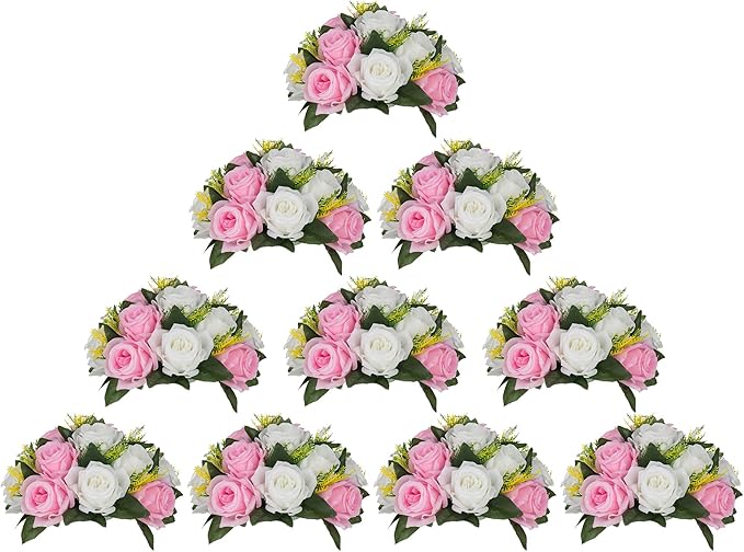 Set of nine small floral bouquets with pink and white flowers on a white background