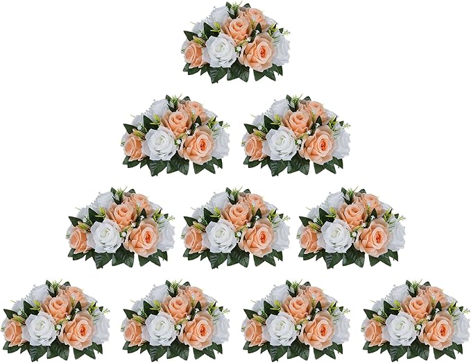 Set of artificial flower bouquets in peach and white on a white background