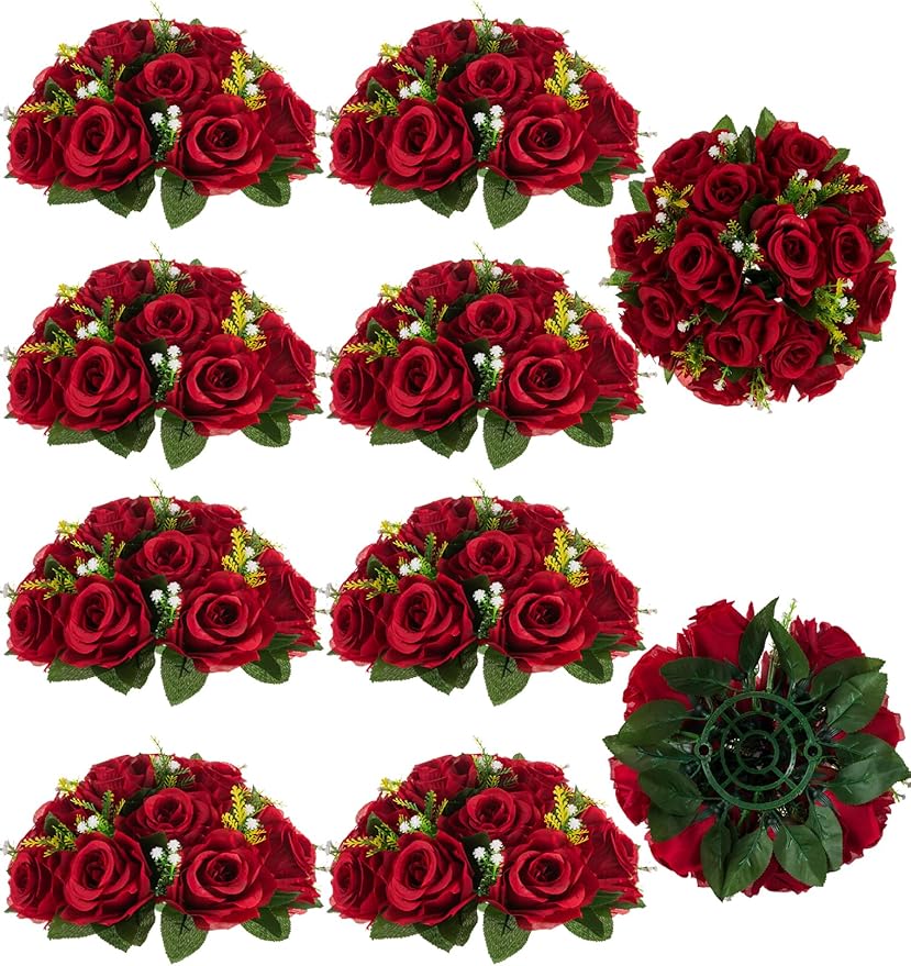 Set of red rose bouquets with green leaves on a white background