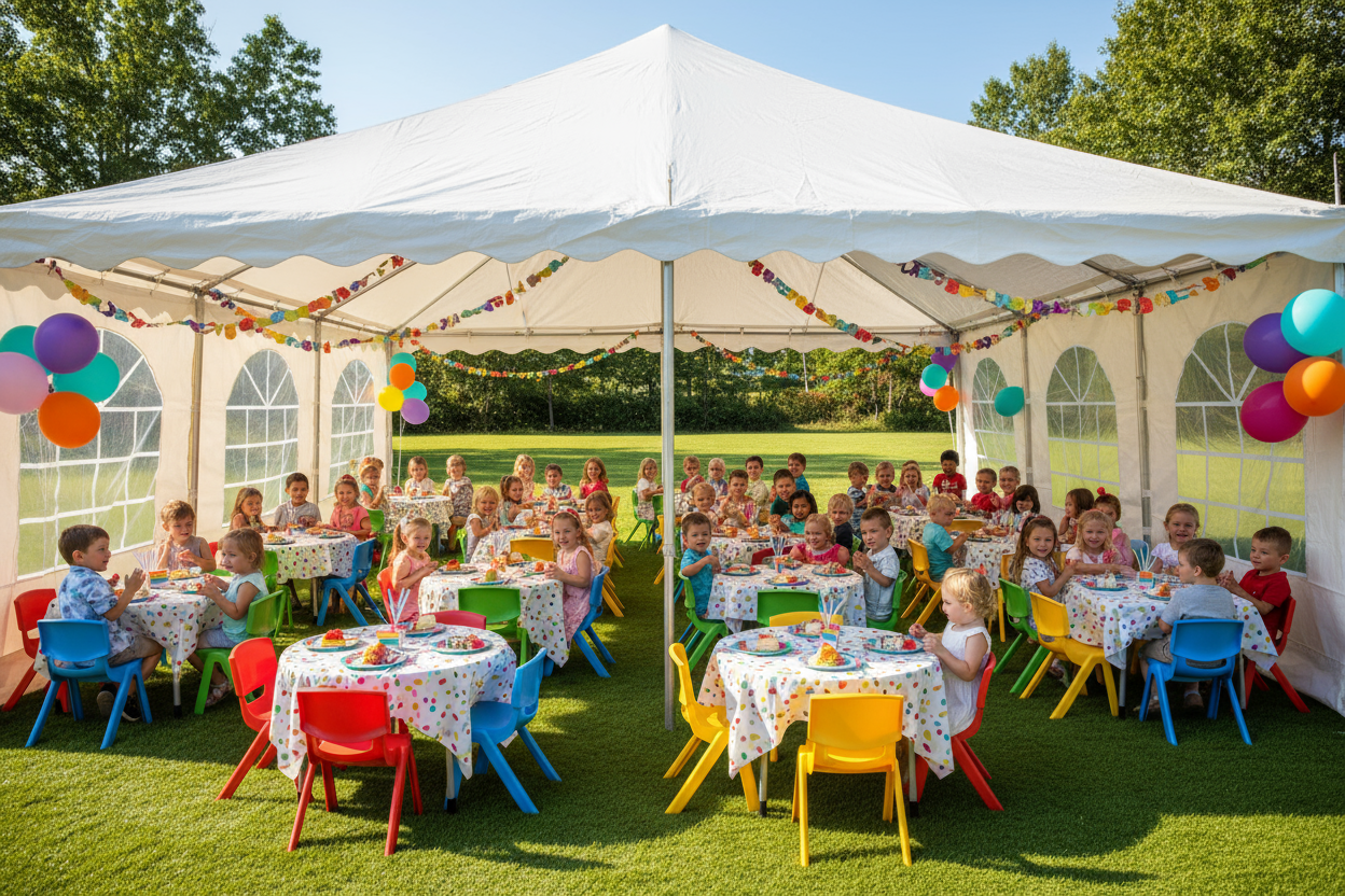 A birthday package picture of a Medium outdoor kids birthday party using about 35 chairs, a 30x 20 tent off my website, tables and linens with them enjoying a cake having fun