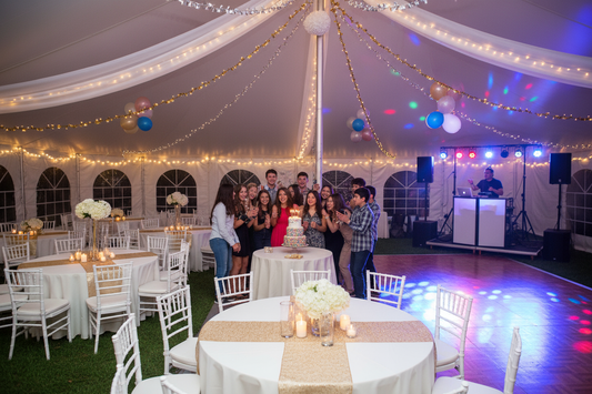 A birthday package picture of a small Large teenage birthday party using about 50 chairs, a 40x20 tent off my website, tables and linens with them enjoying a cake and dance floor and dj
