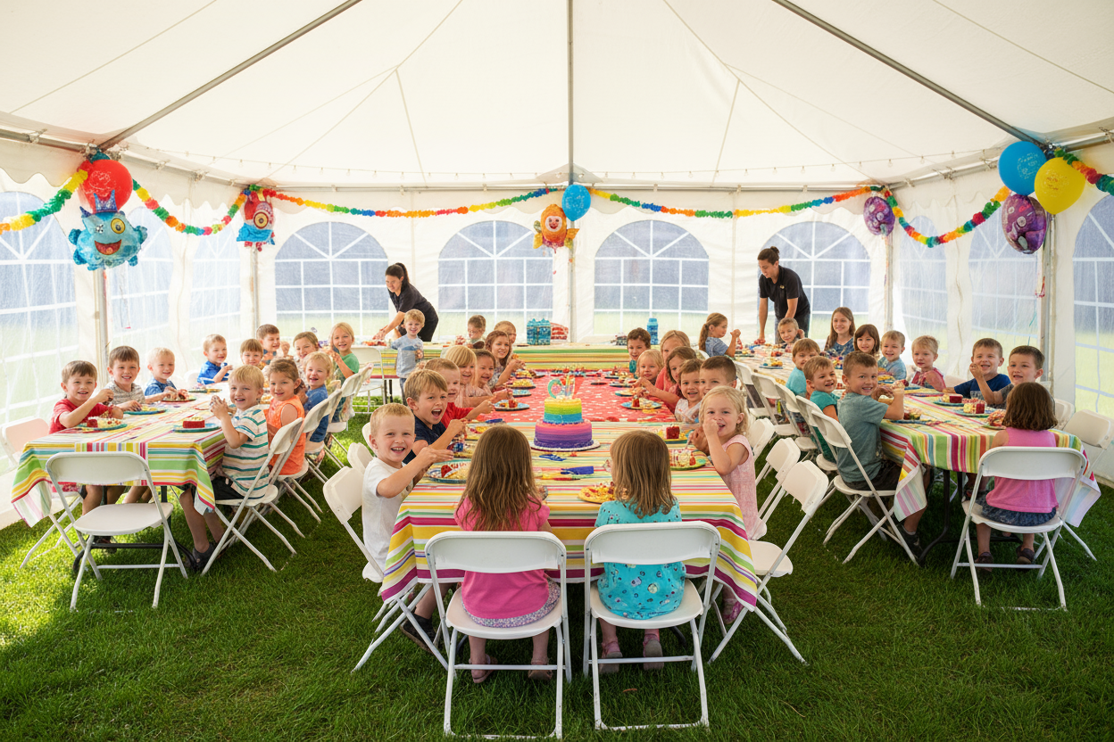 A birthday package picture of a small outdoor kids birthday party using about 25 chairs, a 30x 2o tent off my website, tables and linens with them enjoying a cake
