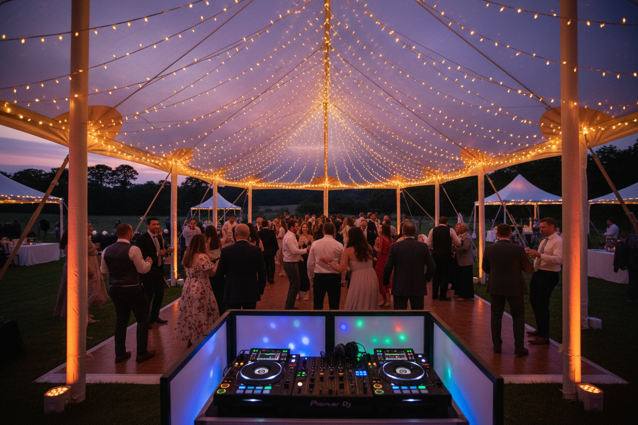 engagement type wedding on dancefloor outside with tents and lighting dusk with dj