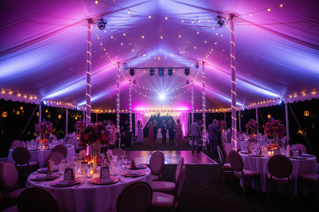 uplighting at a birthday event in a tent outdoors